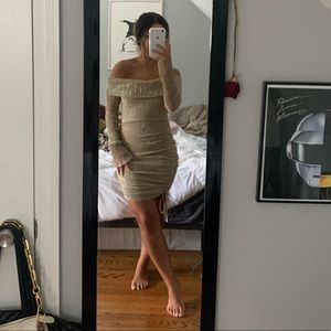 Pretty Little Thing Gold Metallic Bardot Ruched Bodycon Dress